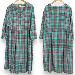 Vintage Flannel Nightgown Plaid Turquoise‎ Plus Size Pearl Snaps 1X Pajamas PJs